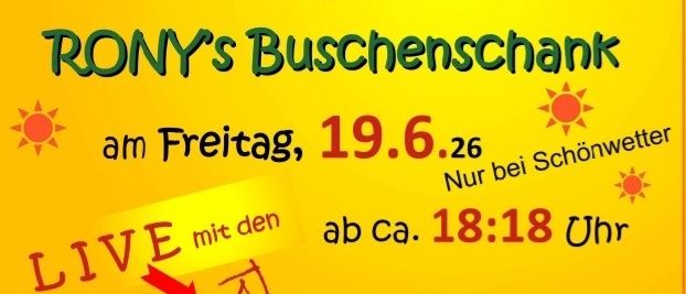Ein Plakat für eine Sonnenwendefeier in Ronys Buschenschank am 19. Juni 2026. Live-Musik von Schockgas. Nur bei schönem Wetter. Essen und Getränke sind vorhanden.
