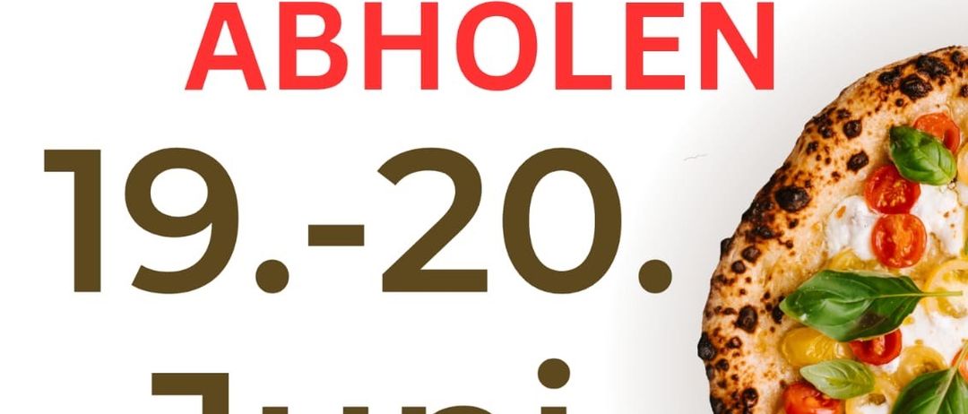 Werbeplakat für Pizza-Abholung. Verfügbar zur Abholung am 19.-20. Juni. Ganztägig.