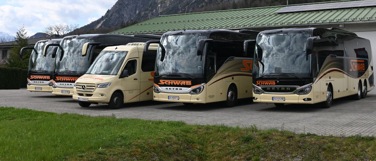 Eine Reihe von Luxusbussen, einschließlich Mercedes-Benz Sprinter, geparkt unter einem grünen Dach mit Bergen im Hintergrund.