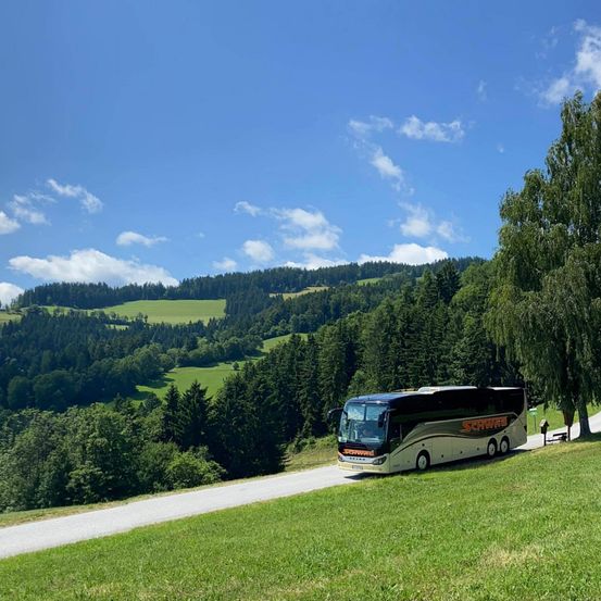 Ein Bus fährt auf einer kurvenreichen Straße durch ein üppig grünes Tal, umgeben von Hügeln und Wäldern unter einem blauen Himmel mit verstreuten Wolken.