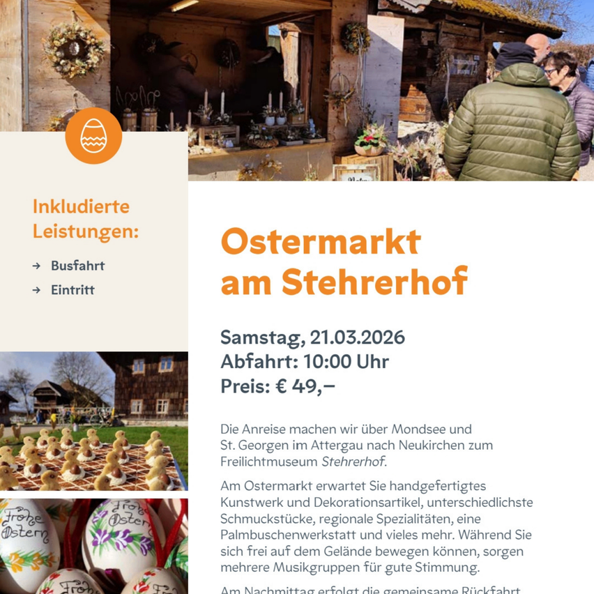 Plakat für einen Ostermarkt auf dem Stehrerhof. Beinhaltet Transport und Eintritt. Abfahrt am Samstag, 21.03.2026 um 10:00 Uhr. Preis: 49 €. Handgefertigte Kunst und Dekorationen, einschließlich Palmbuschen. Musikgruppen vor Ort.