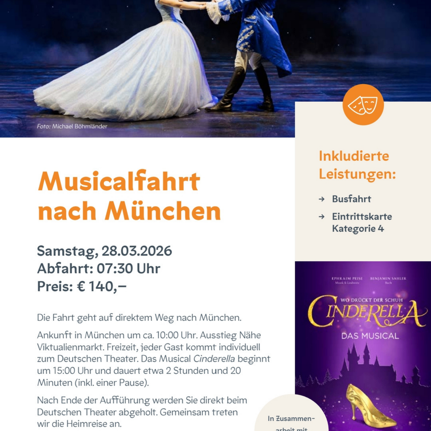 Poster für eine Musicalfahrt nach München. Die Fahrt beginnt um 07:30 Uhr und kostet 140 €. Das Poster zeigt ein Paar in eleganter Kleidung.