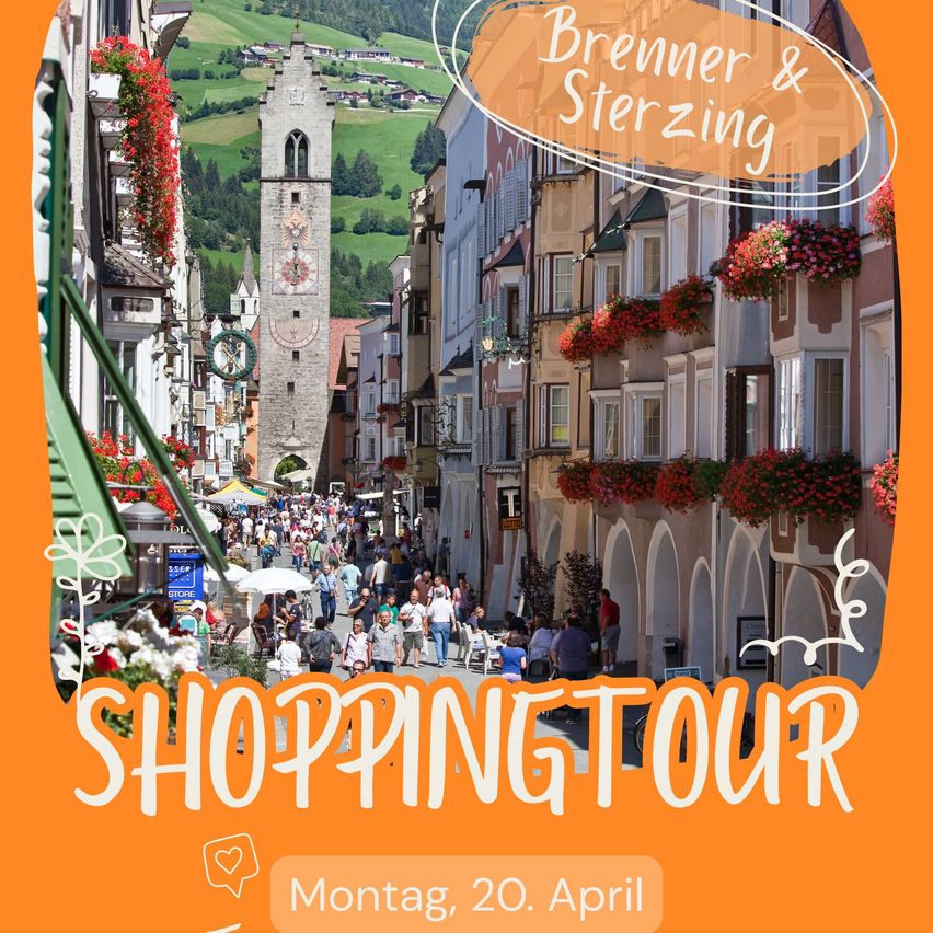 Ein Plakat für eine Einkaufstour in einem Alpendorf. Das Plakat zeigt eine belebte Straße mit Menschen und Gebäuden, die mit Blumen geschmückt sind, vor dem Hintergrund eines Turms und der Berge.