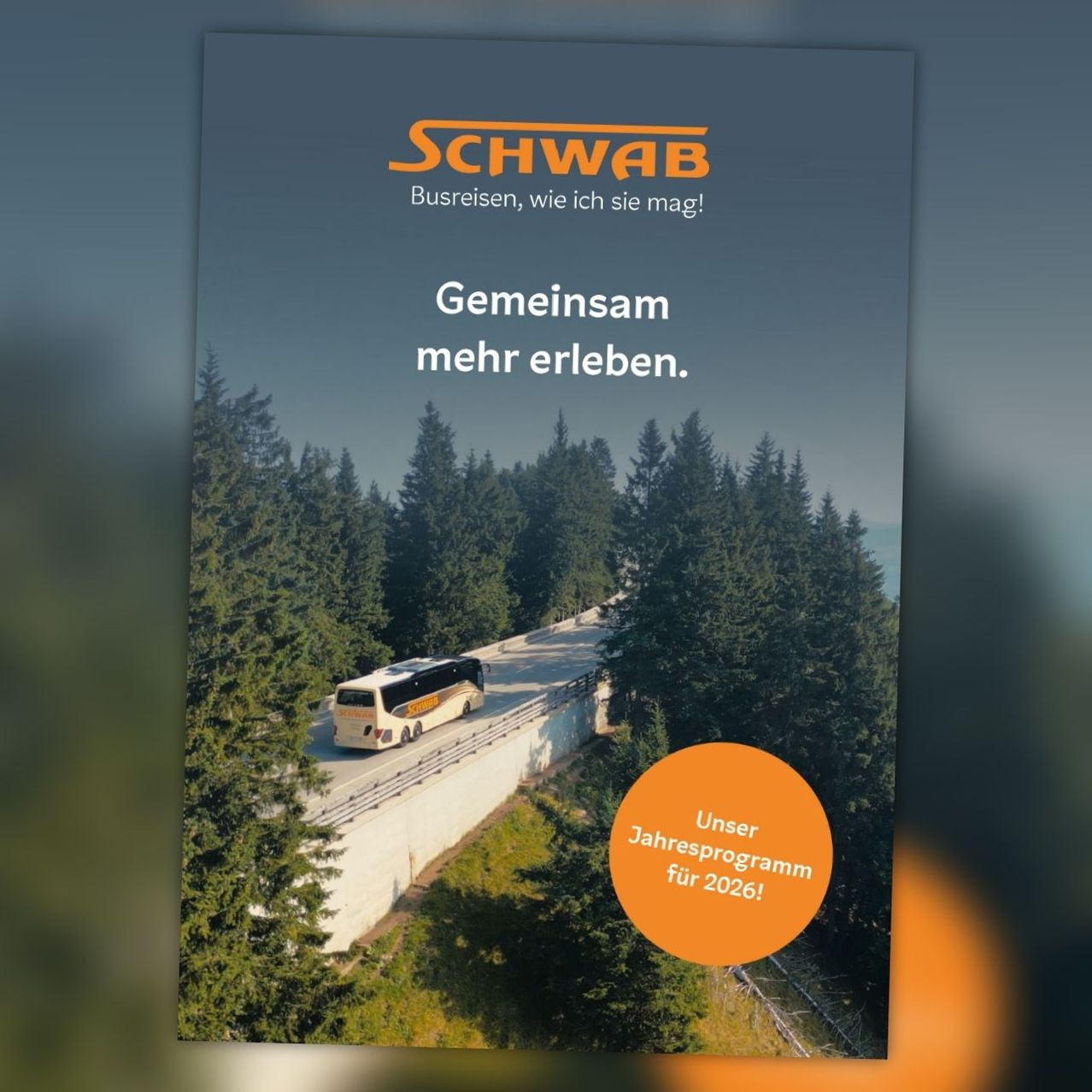 A poster shows a bus traveling on a winding road with lush green trees on both sides. The bus is white with yellow accents. The text reads 'Gemeinsam mehr erleben' and features the Schwab logo and slogan above it. There is a yellow circle with the text 'Unser Jahresprogramm fur 2026!'.