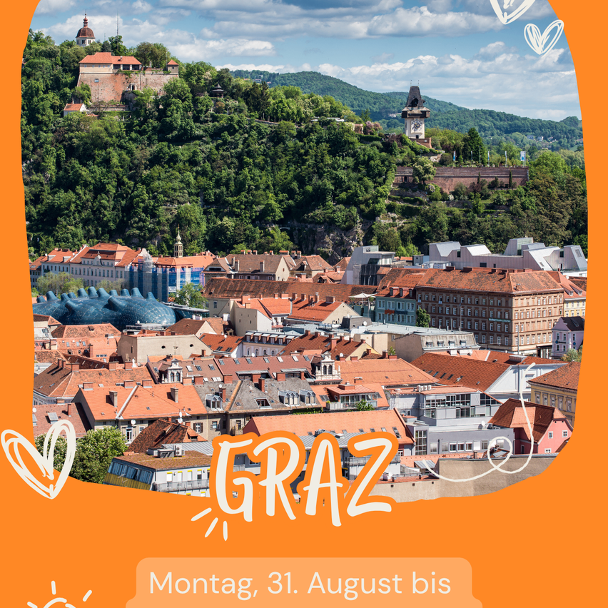 Grazer Altstadt mit Schlossberg und Uhrturm, Kunsthaus, Murinsel und Wohngebäuden