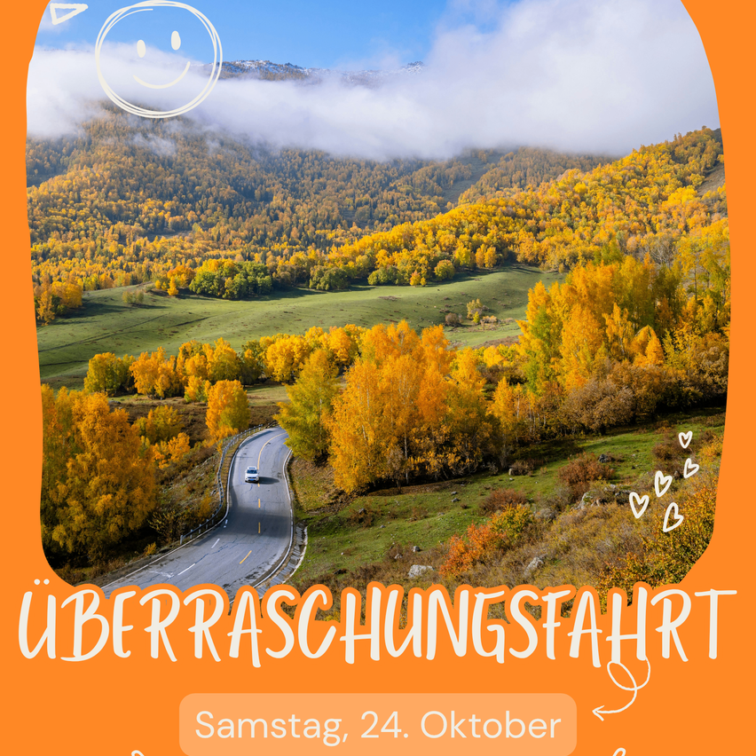 Überraschungsfahrt im Herbst mit gelben Bäumen und Berglandschaft