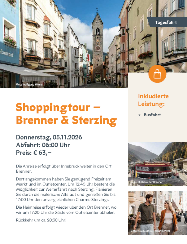 Ein Flyer für eine Shoppingtour in Brenner und Sterzing, mit einem Glockenturm und Gebäuden. Der Flyer enthält Details über Abfahrtszeit, Preis und Reiseplan.