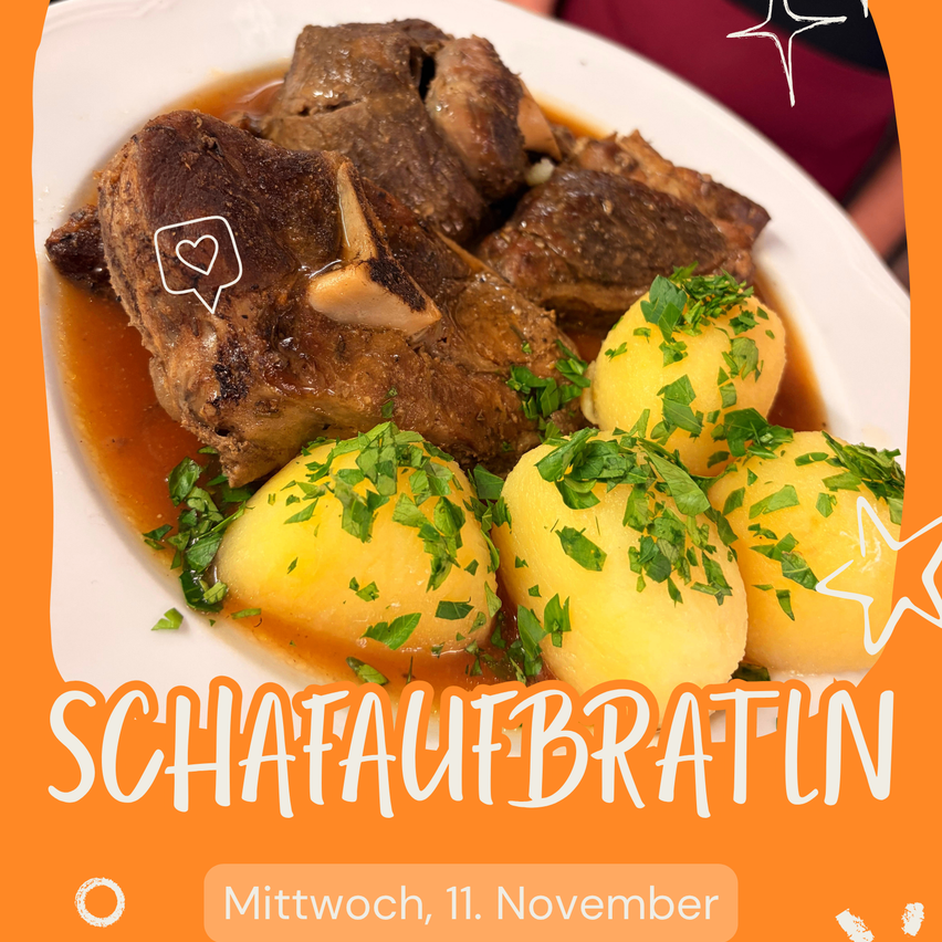 A plate of braised beef shanks with potatoes, garnished with parsley, on a white plate. The dish is accompanied by a heart-shaped Instagram icon.
