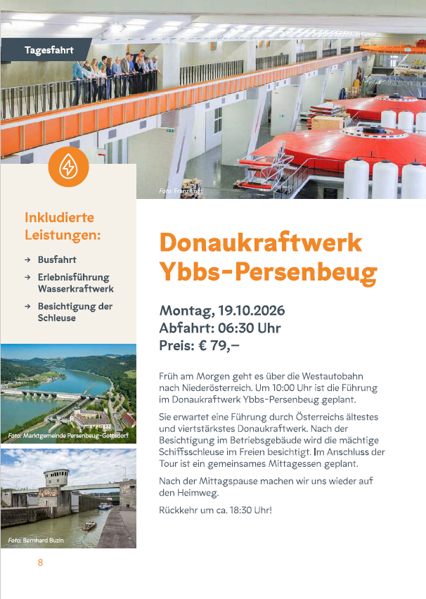 A flyer for a day trip includes a bus ride, a guided tour of the Ybbs-Personnbeug power plant, and a visit to the lock. The trip departs at 6:30 AM on Monday, October 19, 2026, and costs 79 euros. The tour includes a lunch break and a return journey at approximately 6:30 PM.