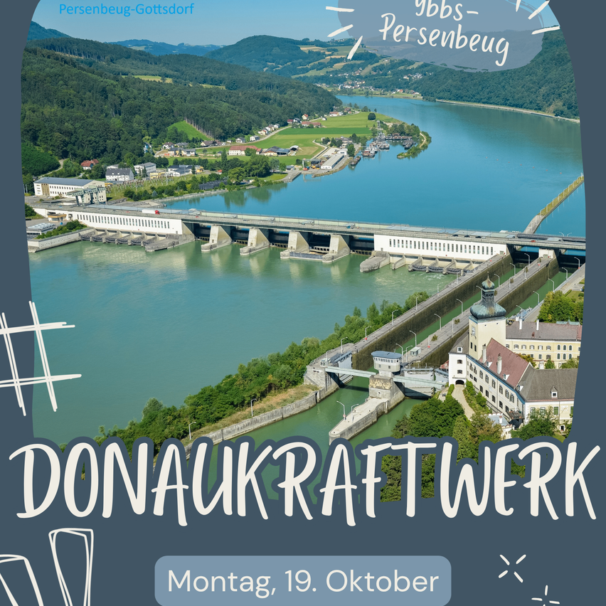 An aerial view of the Donaukraftwerk with a bridge over a river, buildings, and mountains in the background. The date 'Montag, 19. Oktober' is displayed at the bottom.