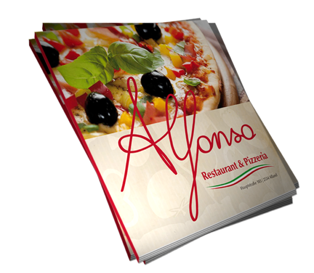 Ein Buch mit dem Titel 'Alfonso' zeigt eine Pizza mit Oliven und Basilikum. Der Buchdeckel hat einen roten Rand.