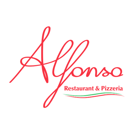 Ein rotes kursives Logo namens Alfonso, das die Wörter Restaurant & Pizzeria mit einer kleinen italienischen Flagge am unteren Rand zeigt.