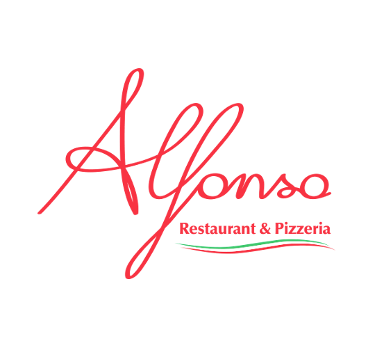 Ein rotes kursives Logo namens Alfonso, das die Wörter Restaurant & Pizzeria mit einer kleinen italienischen Flagge am unteren Rand zeigt.