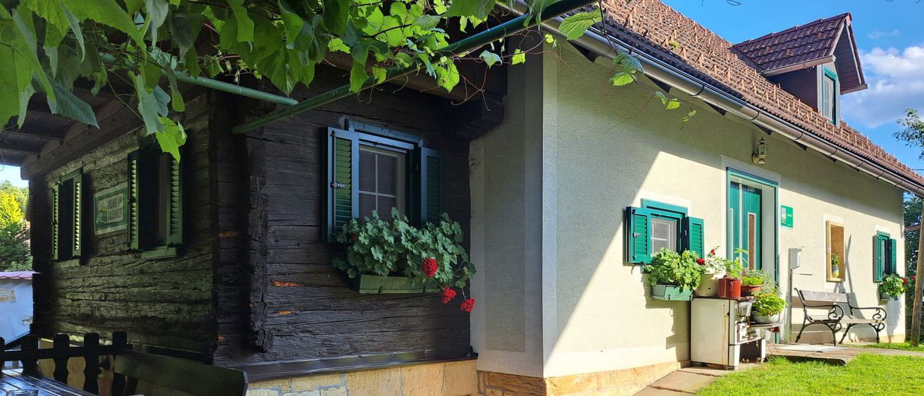 Ein rustikales Haus mit braunem Dach, hölzerne Außenwand und grünen Fensterläden. Eine Bank und ein Staukasten stehen auf der Veranda. Bepflanzte Töpfe mit roten Blumen schmücken die Fensterbänke.