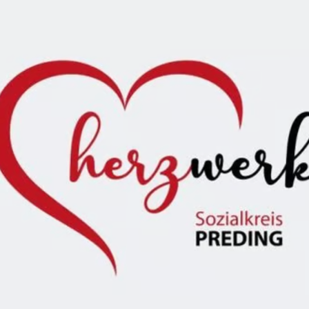 Ein herzförmiges Logo mit dem Text 'herzwerk' und 'Sozialkreis PREDING' in rotem und schwarzem Schrift. Das Herz ist in Rot umrandet.