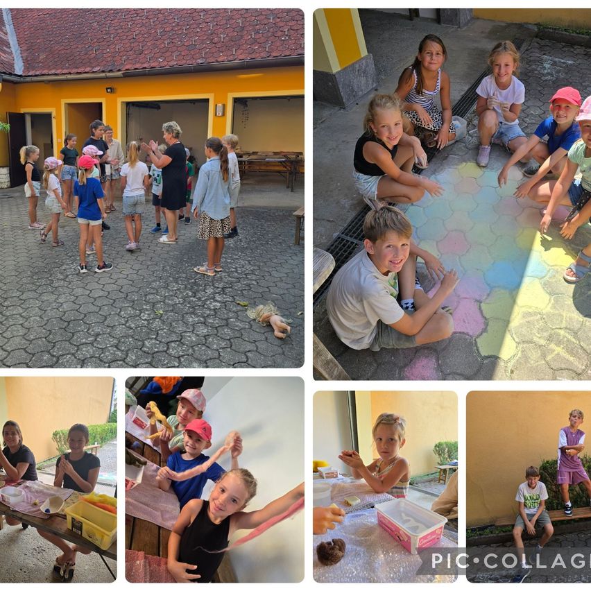 A collage of children engaged in various activities, including drawing on the ground, sitting on a bench, and working on crafts.