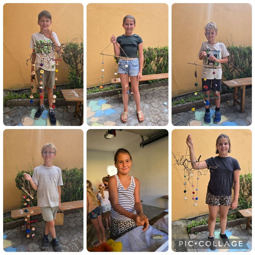 A collage of six children holding handmade crafts made from twigs and colorful beads. The children are standing in different settings, some in front of a wall and others in a garden.