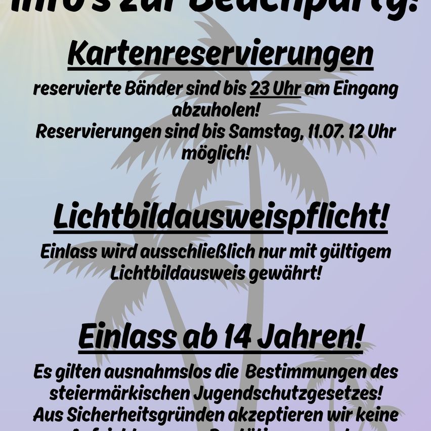 Poster for a beach party with information about card reservations, light display obligations, and age restrictions. It features a tropical theme with palm trees and a sunset.