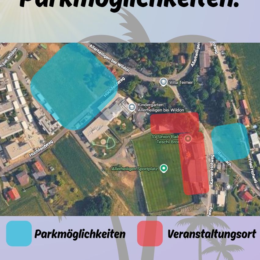 A map showing various locations marked with blue and red areas, including a swimming pool, kindergarten, and sports field, with labels for parking opportunities and event types.