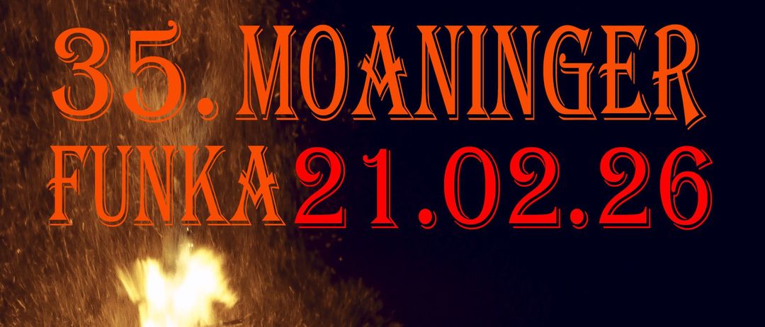 Plakat für das Funka-Event am 21. Februar 2026. Es zeigt eine brennende Struktur mit Feuerwerk. Veranstaltungen umfassen die Begrüßung um 15:00, ein Kinderfeuer-Event mit Live-Musik um 16:30, das Löschen des Feuers mit Feuerwerk um 19:30 und eine After-Party um 20:30.