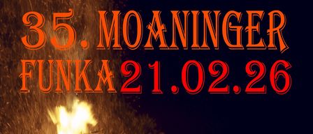 Plakat für das Funka-Event am 21. Februar 2026. Es zeigt eine brennende Struktur mit Feuerwerk. Veranstaltungen umfassen die Begrüßung um 15:00, ein Kinderfeuer-Event mit Live-Musik um 16:30, das Löschen des Feuers mit Feuerwerk um 19:30 und eine After-Party um 20:30.