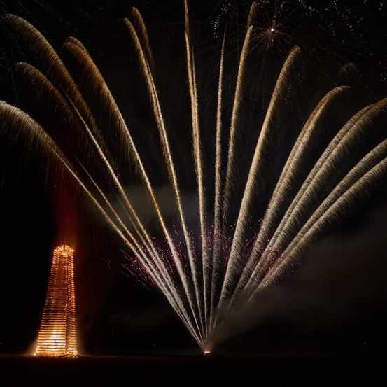 Bild enthält, Fireworks, Plant, Architecture, Fountain, Water, Building, Tower, Nature, Night, Outdoors
