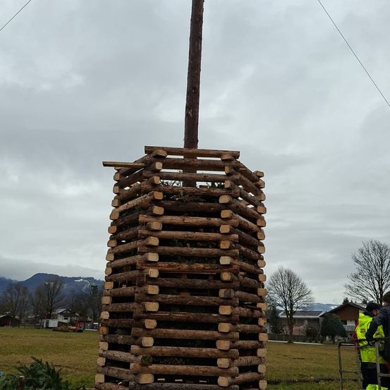 Ein großer Holzstapel steht auf einem Feld unter einem bewölkten Himmel, mit einer Person in der Nähe. Ein Haus und entfernte Berge sind im Hintergrund sichtbar.