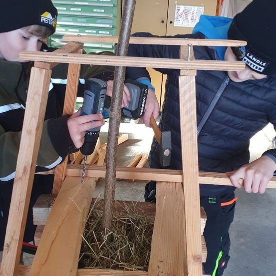 Zwei Kinder arbeiten an einer Holzkonstruktion und bohren hinein. Einer hält eine Bohrmaschine, während der andere die Bohrmaschine führt. Die Konstruktion ist aus Holz und enthält einen Baumstamm.