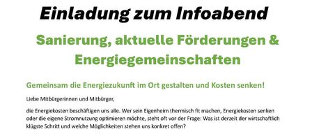 Ein Informationsposter über Energieeinsparungen, das eine Cartoon-Figur mit einer Glühbirne und einem Textfeld mit Details über ein bevorstehendes kostenloses Seminar zur Energieeffizienz zeigt. Das Poster enthält Angaben zum Datum, zur Uhrzeit, zum Ort und zu den Referenten.