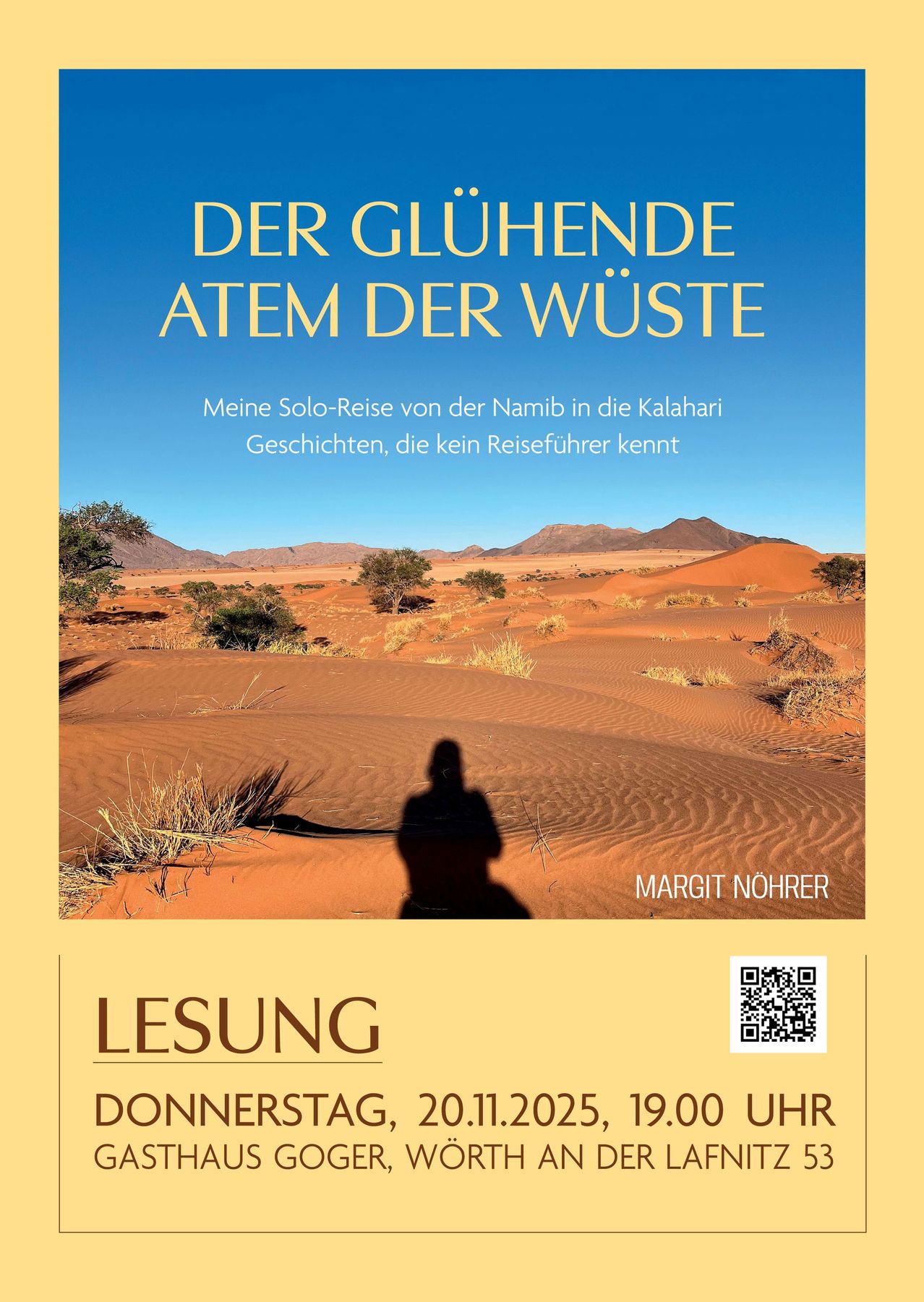 Buchcover mit Wüstenlandschaft, Silhouette einer Person, Titel 'Der Glühende Atem der Wüste', Autorin Margit Nöhrer, Veranstaltungsdatum Donnerstag, 20. November 2025, 19:00 Uhr.