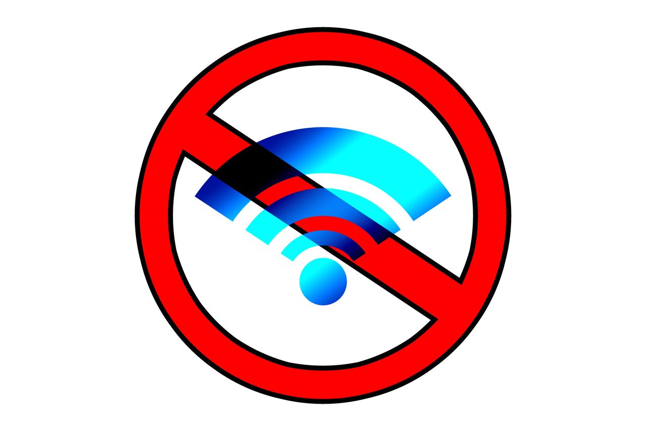 Das Bild zeigt einen roten Kreis mit einer diagonalen Linie durch ein WLAN-Symbol. Das WLAN-Symbol ist blau, rot und weiß.