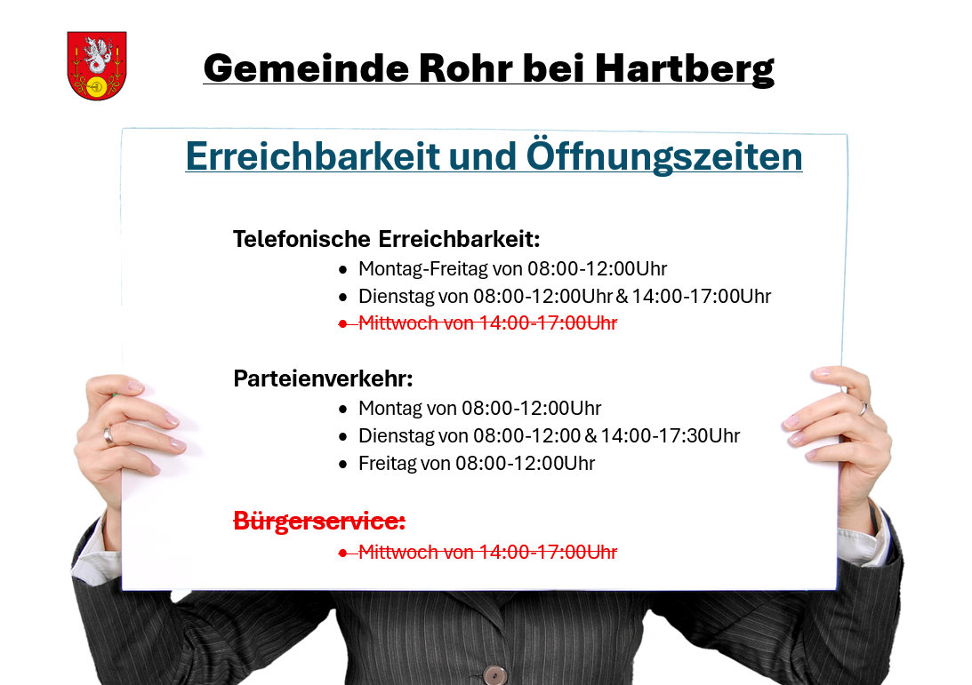 Das Bild zeigt einen Zeitplan für Gemeinde Rohr bei Hartberg. Es listet die telefonische Verfügbarkeit von Montag bis Freitag mit unterschiedlichen Zeiten auf. Partytransport und Burgerservice-Zeiten sind ebenfalls angegeben.