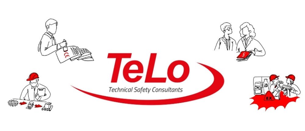 Das Logo für TeLo Technische Sicherheitsberater wird gezeigt. Es enthält eine abstrakte Illustration von Menschen und Sicherheitssymbolen.