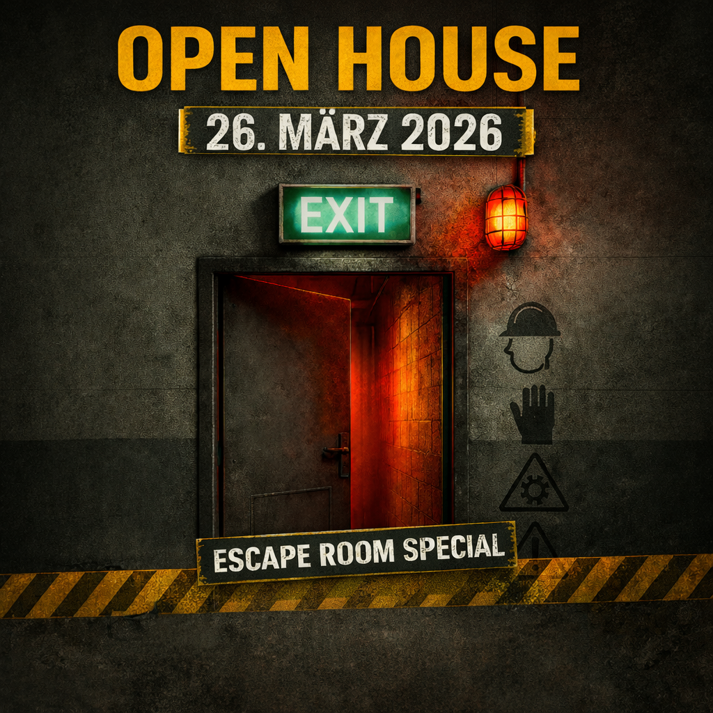 Poster for an escape room event on March 26, 2026. It features an open door, an exit sign, and safety symbols. The text reads 'Escape Room Special'.