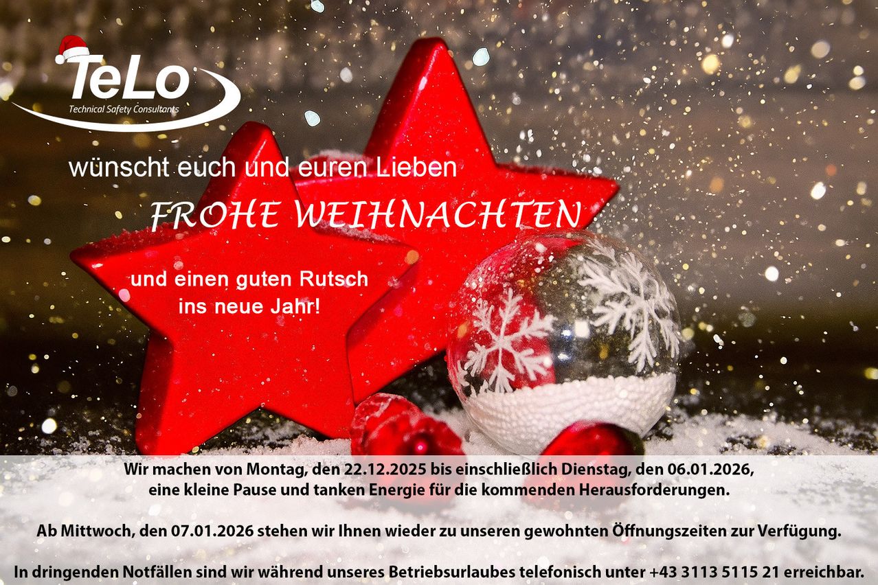 Ein roter Stern und ein Schneeflockenornament wünschen Ihnen und Ihren Lieben ein frohes Weihnachtsfest und einen guten Rutsch ins neue Jahr. Vom 22.12.2025 bis zum 06.01.2026 gibt es eine Pause, die Energie für die kommenden Herausforderungen tanken lässt.