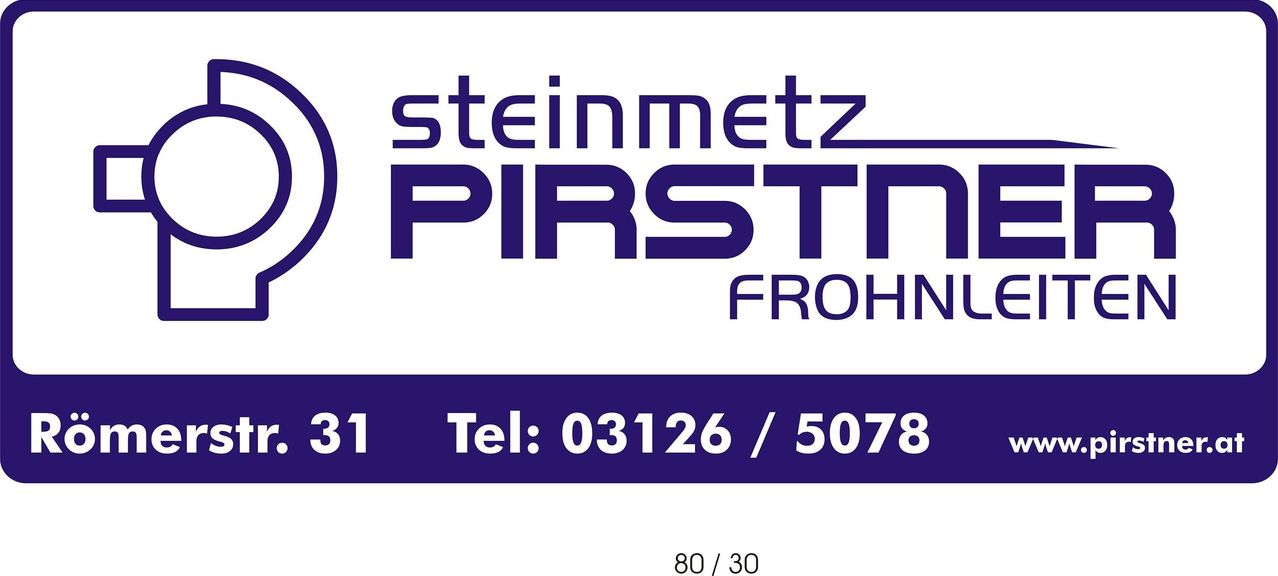 Ein weißes und lila Logo für Steinmetz Pirstt Frohn, mit Kontaktdaten einschließlich einer Telefonnummer.