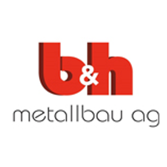 Das Logo für b&h Metallbau AG, mit den roten Buchstaben 'b&h' auf weißem Hintergrund.