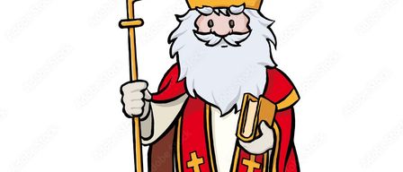 Illustration von Sankt Nikolaus, der ein Buch und einen Stab mit einem Kreuzsymbol auf seinem Gewand und Hut hält.