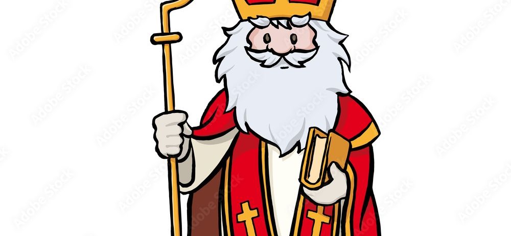 Illustration von Sankt Nikolaus, der ein Buch und einen Stab mit einem Kreuzsymbol auf seinem Gewand und Hut hält.