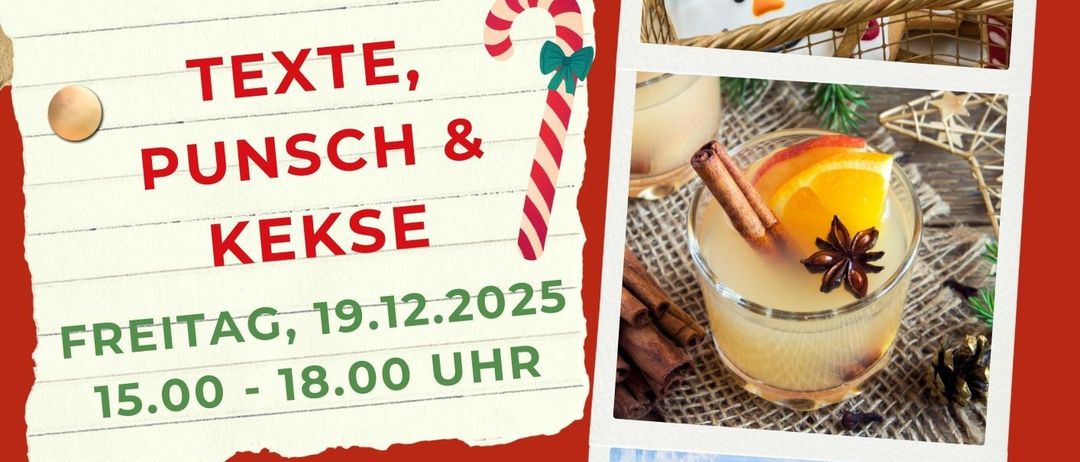 Werbeplakat für Stadtbibliothek Oberpullendorf-Veranstaltung. Zeigt Kekse, Getränke, Bücher und Lebkuchenmann. Veranstaltung am Freitag, 19.12.2025, von 15:00 bis 18:00 Uhr. Freundliche Einladung zum Besuch.