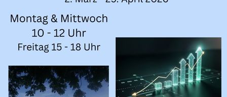 Eine Ausstellung mit dem Titel 'Wirtschaftliche Entwicklung' in Oberpullendorf läuft vom 2. März bis 29. April 2026. Geöffnet Montag und Mittwoch von 10-12 und Freitag von 15-18. Zeigt ein Gebäude und ein Wachstumsdiagramm.