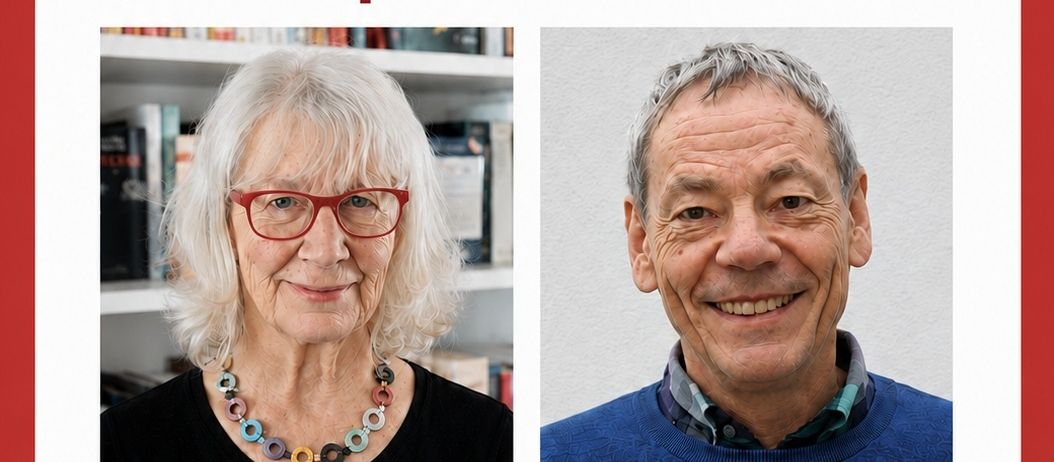 Plakat für eine Buchvorstellungsveranstaltung mit Jutta Treiber und Joe Treiber. Das Plakat enthält ein Foto der Autoren, ein Datum und einen Ort. Der Buchtitel lautet Kurztrip nach Absurdistan.