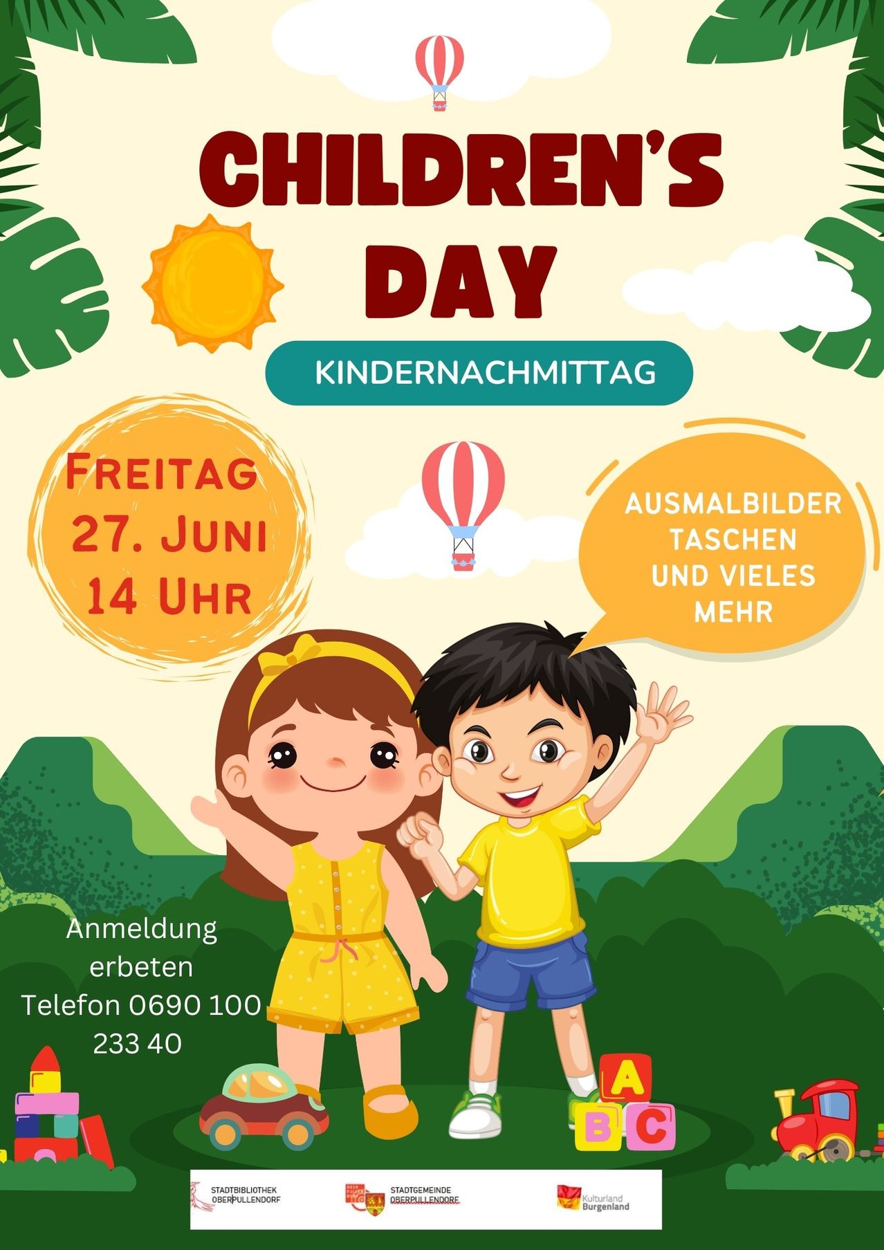 Kindernachmittag-Eventposter. Anmeldung am 27. Juni um 14 Uhr. Aktivitäten umfassen Fotokabinen, Taschen und mehr. Kontakt unter 0690 100 233 40.