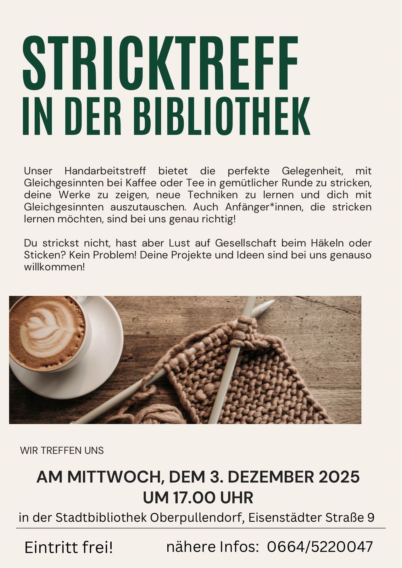 Das Poster bewirbt ein Strick- oder Häkeltreffen in der Bibliothek mit Kaffee, Tee und einer freundlichen Atmosphäre. Es ermutigt Anfänger und diejenigen, die keine Projekte haben, teilzunehmen. Das Event findet am Mittwoch, den 3. Dezember 2025 statt.