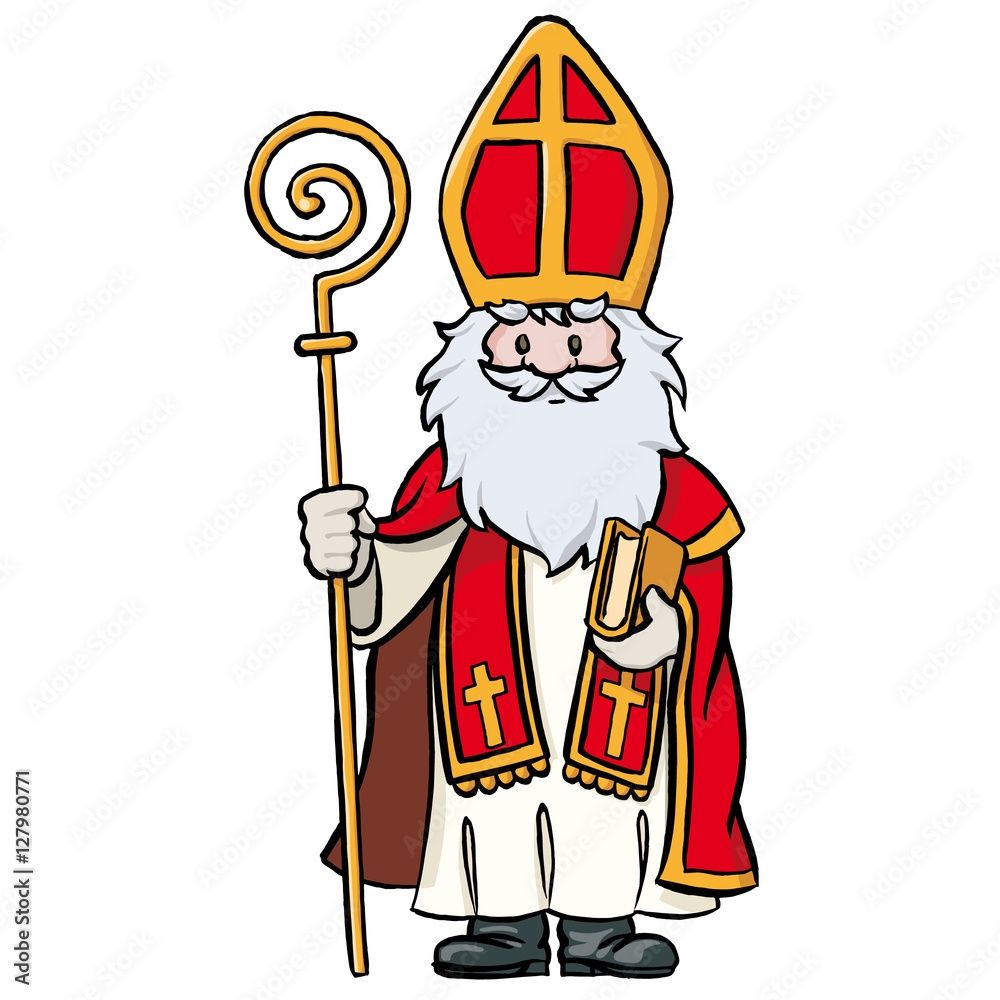 Eine Illustration eines Heiligen, der ein Buch und einen Stab hält. Der Heilige ist in einem roten und goldenen Gewand mit weißem Bart und Schnurrbart gekleidet.