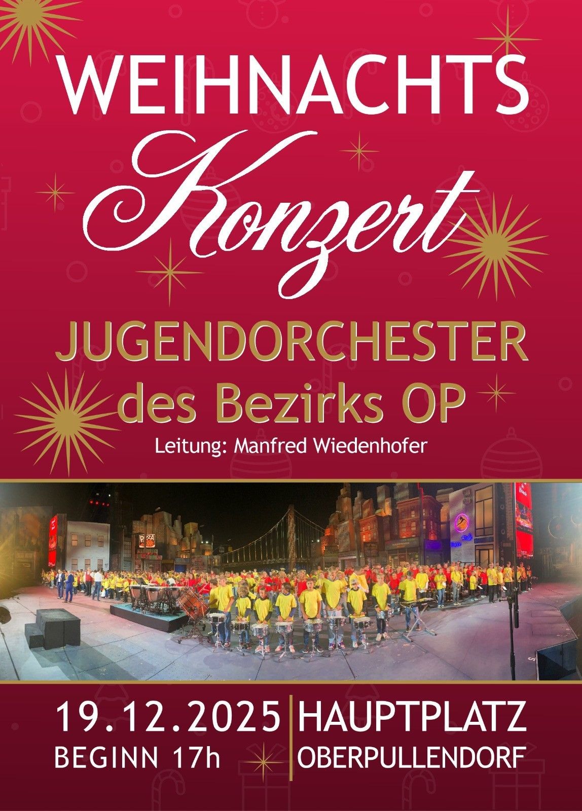 Ein Plakat für das Konzert des Jugendorchesters des Bezirks OP, geleitet von Manfred Wiedenhofer, zeigt eine Bühne mit Musikern in gelben Uniformen und Instrumenten.
