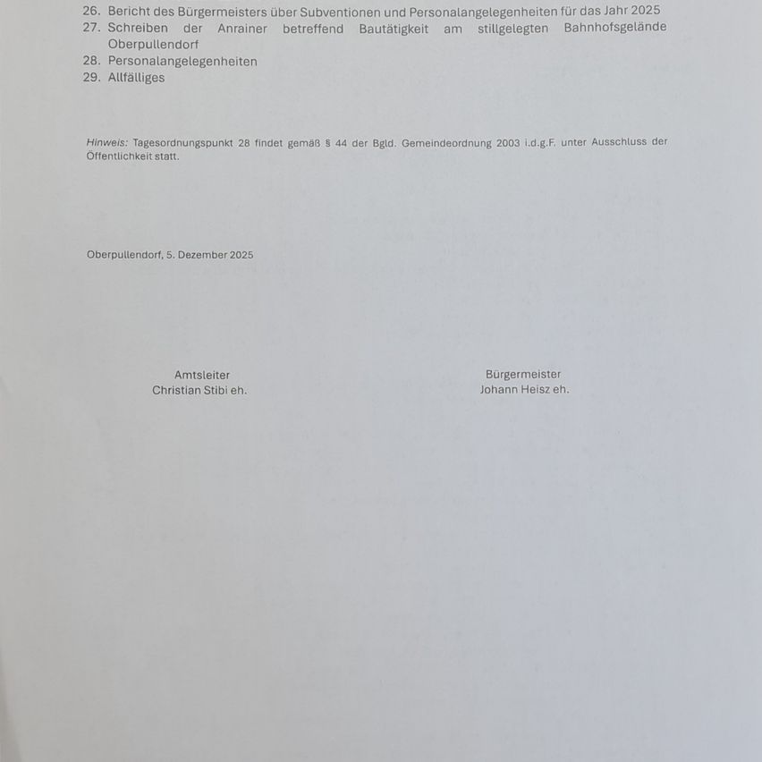 Amtlicher Bericht des Bürgermeisters über Subventionen und persönliche Angelegenheiten für 2025. Schreiben des Bürgermeisters bezüglich Bauaktivitäten am stillstehenden Bahnhof. Allgemeine Angelegenheiten. 5. Dezember 2025.