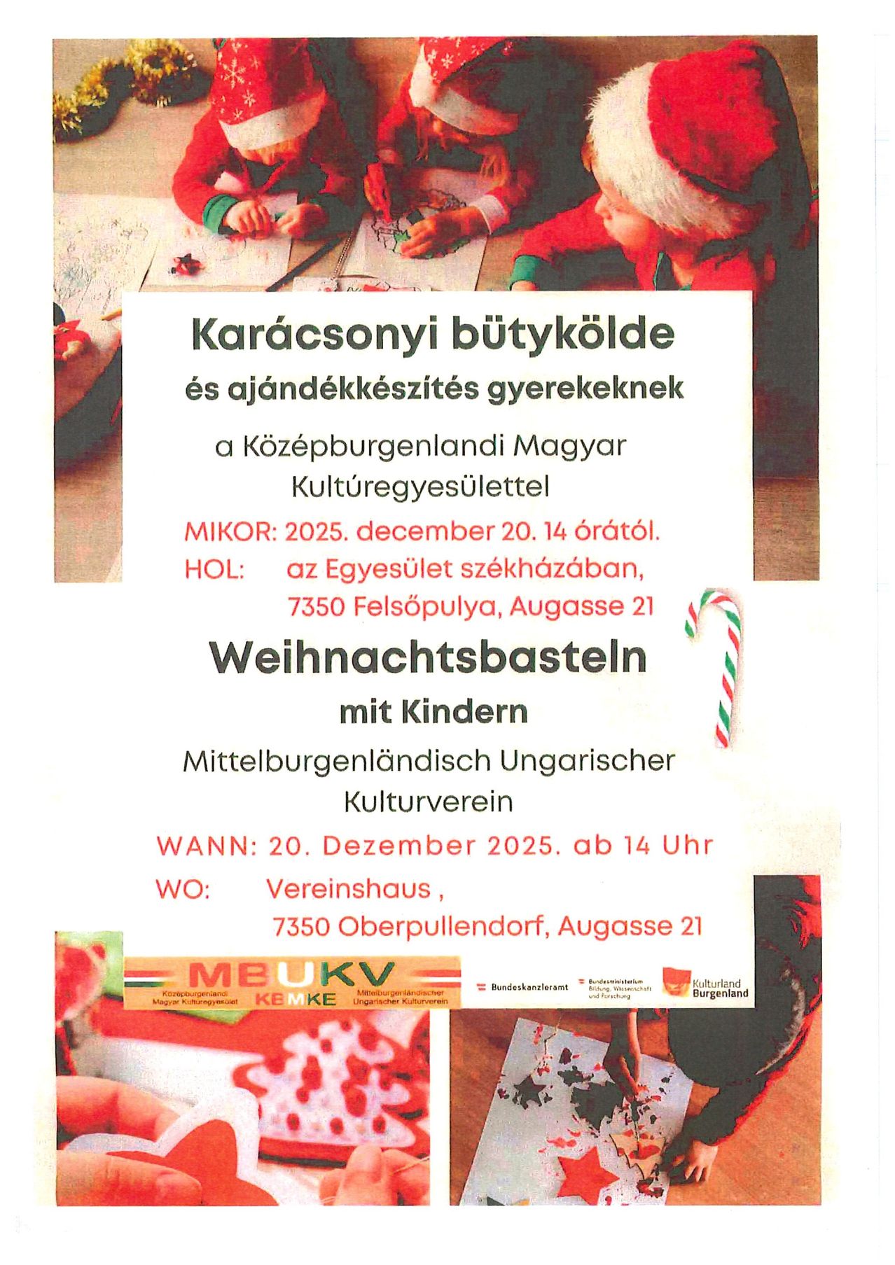 Eine Anzeige für einen Weihnachtsbastelworkshop für Kinder beim ungarischen Kulturverein in Közpburgenland. Datum: 20. Dezember 2025, ab 14 Uhr. Ort: Egyesület székházában, Felsöpulya, Augasse 21.
