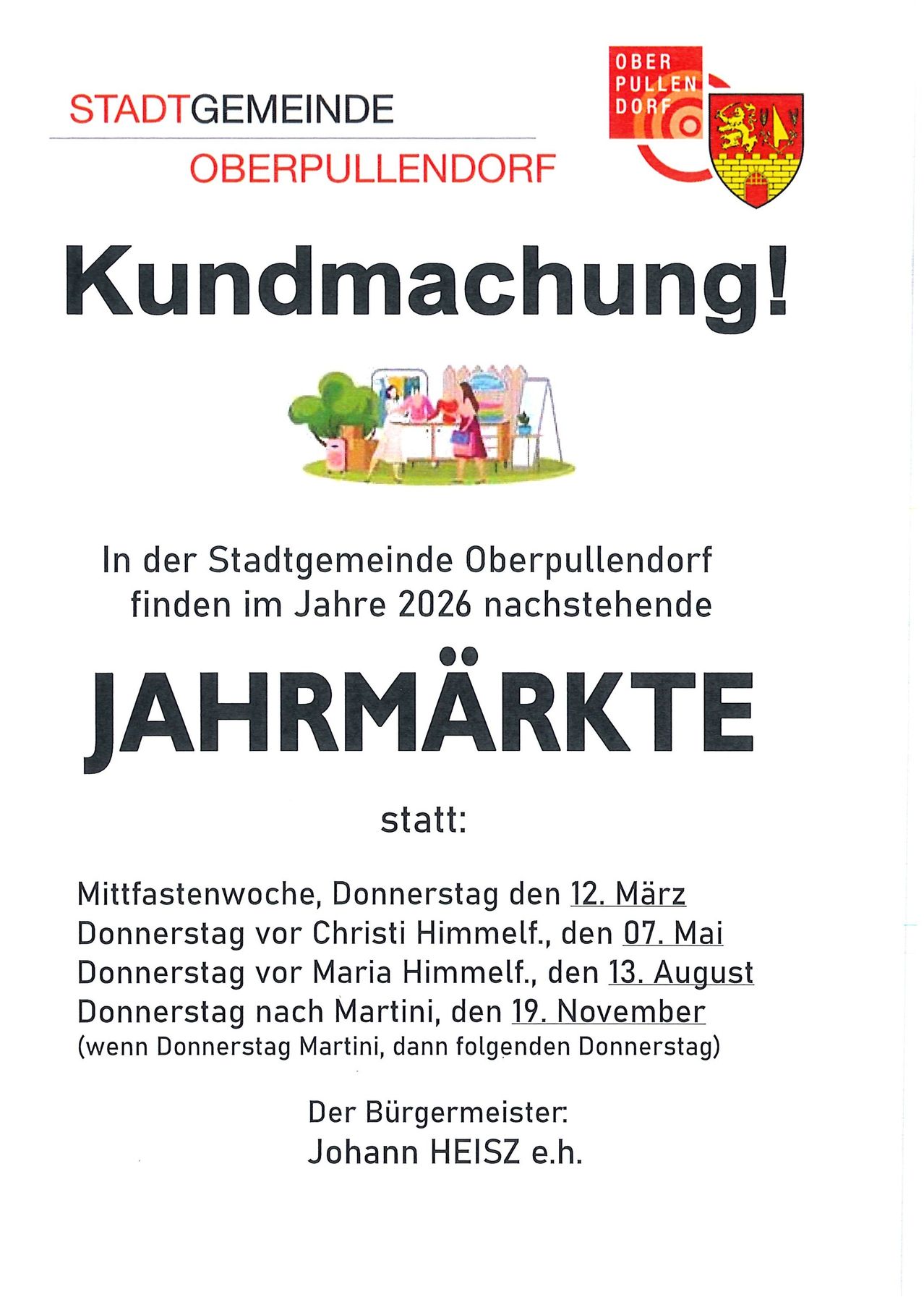 Eine Anzeige für kommende Märkte in Oberpullendorf, Österreich, im Jahr 2026. Vier Marktdaten sind aufgelistet, einschließlich des Mittwochs vor Palmsonntag am 12. März, vor Christi Himmelfahrt am 7. Mai, vor Maria Himmelfahrt am 13. August und nach Martini am 19. November.