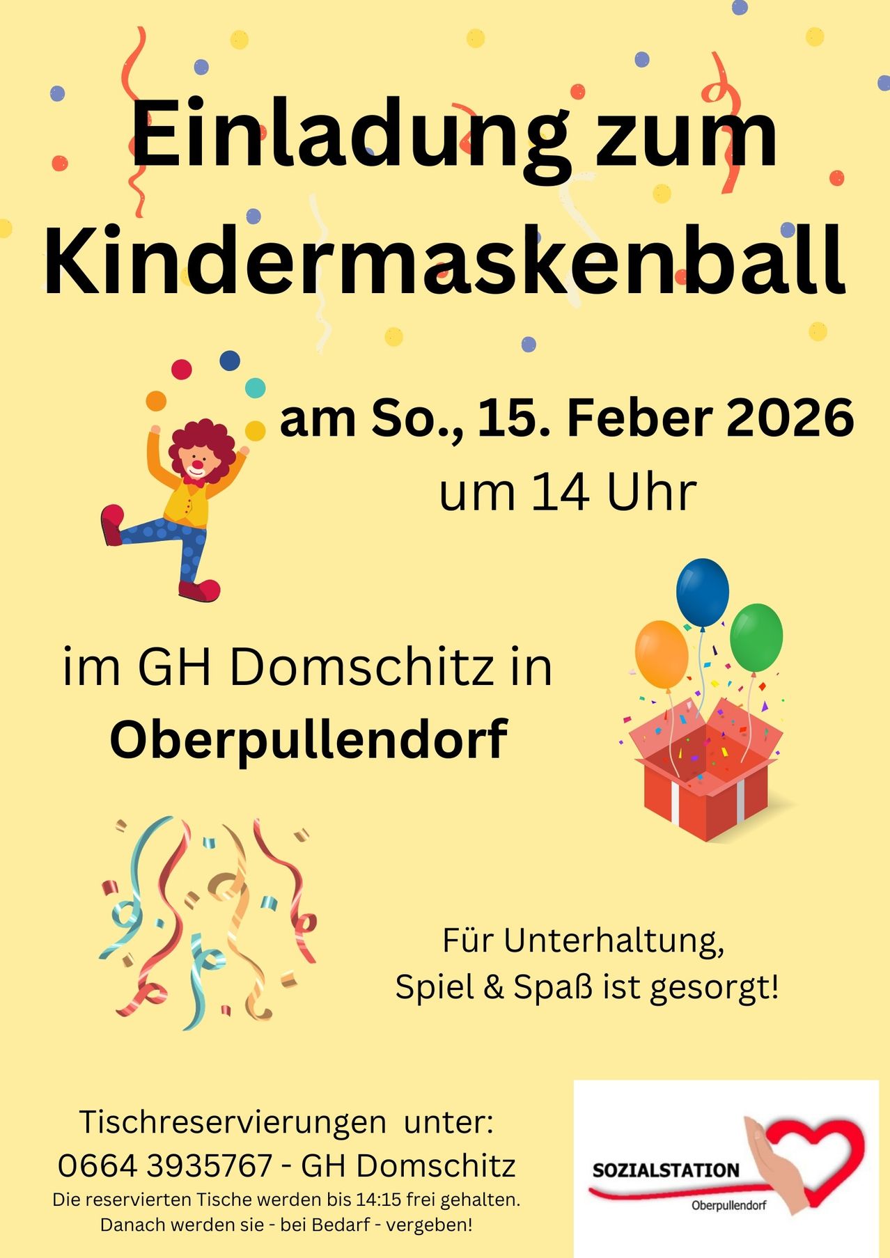 Ein Plakat für einen Kindermaskenball am 15. Februar 2026 um 14 Uhr. Eine Clown-Illustration und Ballons sind vorhanden. Die Veranstaltung findet in GH Domschitz in Oberpullendorf statt.